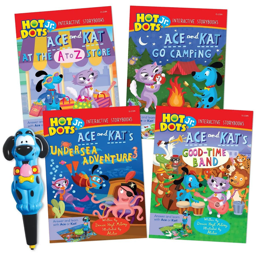 Hot Dots Jr. Interactive Storybooks - 4 Book Set with Ace - the Talking Teaching Dog Pen - Safari Ltd®